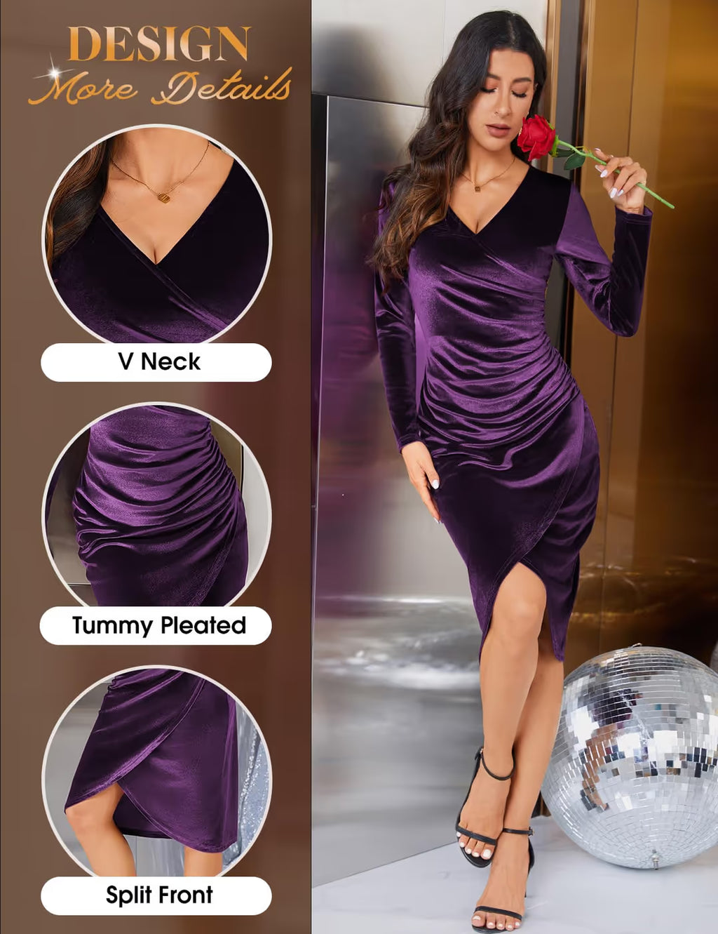 Velvet V Neck Ruched Mini Wrap Dress Women's Size Medium Purple Long Sleeve