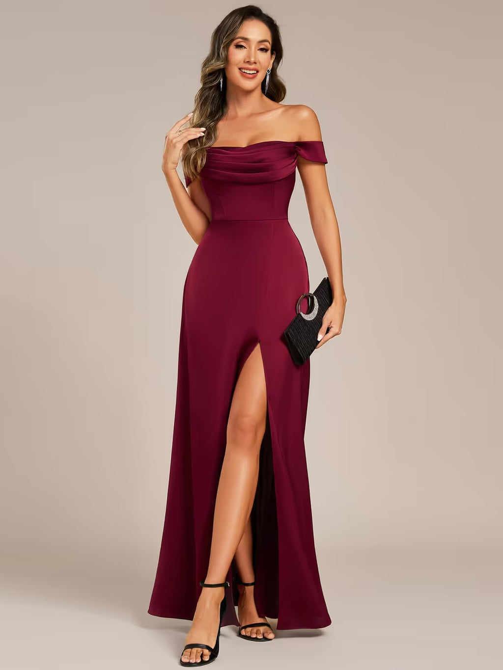 Ever Pretty Slit Empire Hight Waist Maxi Dress Women's Size XL Burgundy Satin