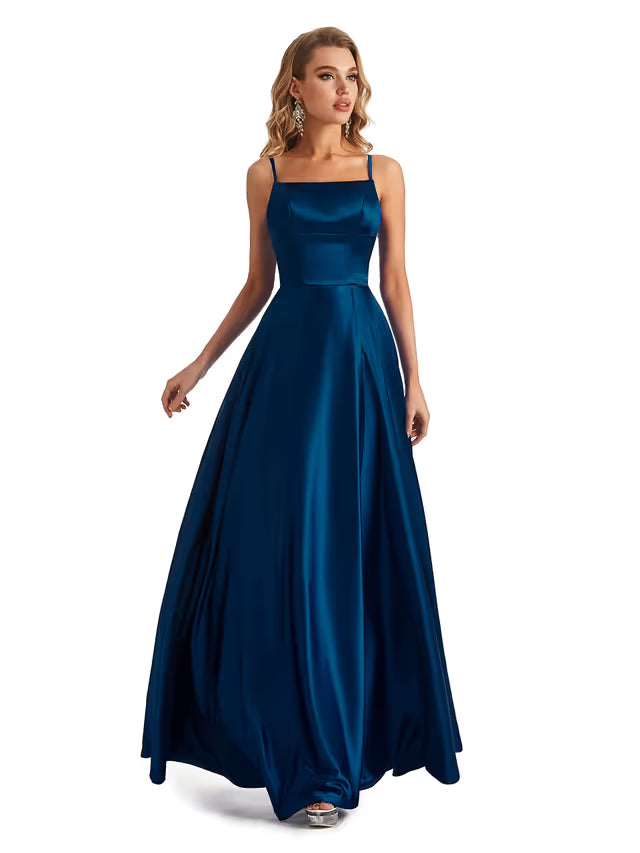 Satin Spaghetti Strap Prom Dress Size 6 – Navy Blue