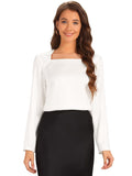 Women's Square Neck Top Casual Solid Long Sleeve Satin Blouse – White S