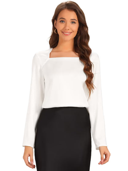 Women's Square Neck Top Casual Solid Long Sleeve Satin Blouse – White S