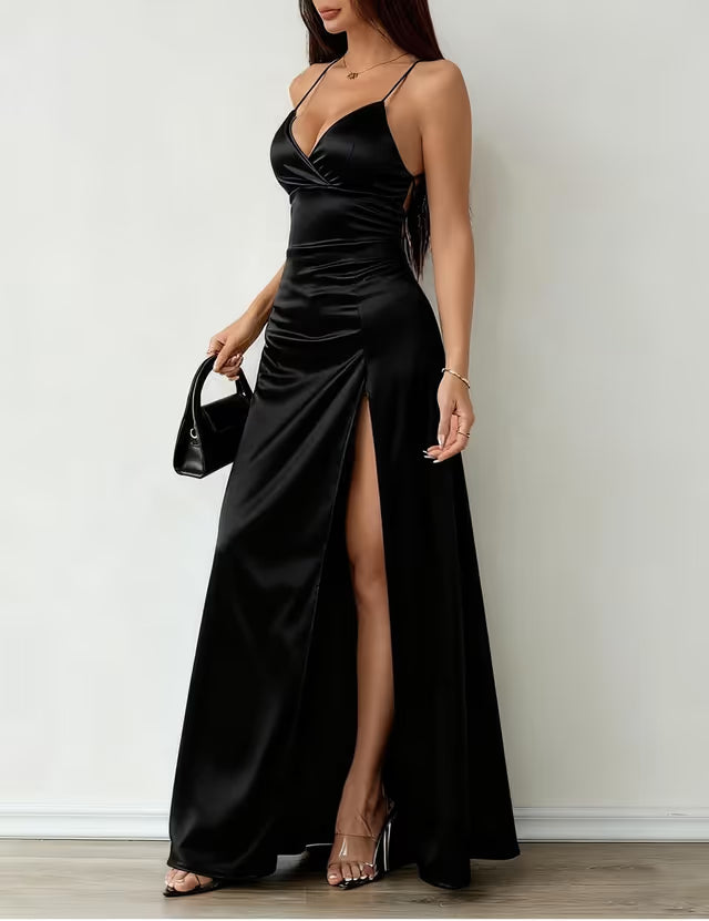 Women’s Satin Maxi Dress V-Neck Spaghetti Straps Side Split – Black M