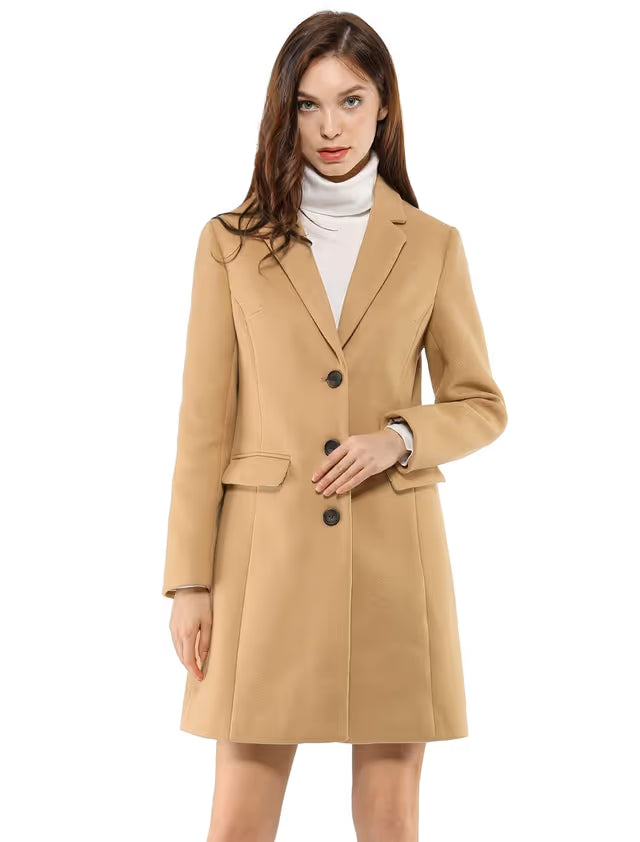 Allegra K Women's Notched Lapel Single Breasted Outwear Winter Coat Browns M