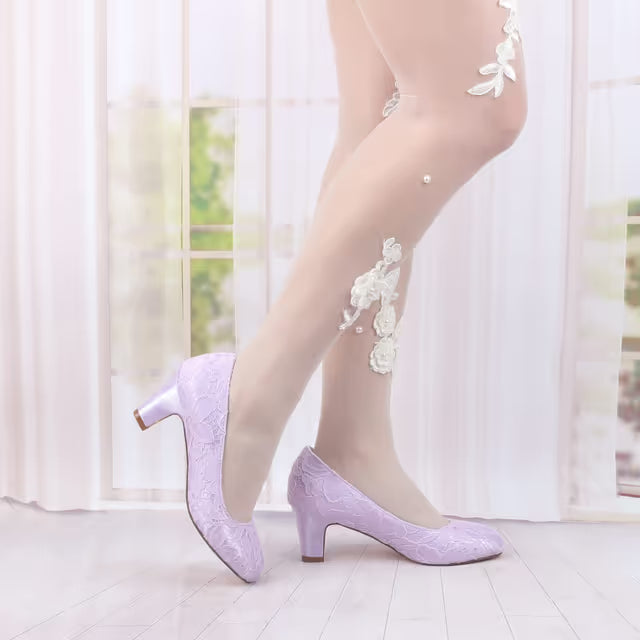 Women's Bridal Satin Closed-Toe Pumps 2.56in Chunky Heel Lace – Light Purple EU40/UK7