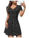 Women's Polka Dot V Neck A-Line Flared Dress Button Front Short Sleeve Mini – Black L