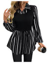 Women's Striped Long Sleeve Blouse Button Front Collared 2-in-1 Flared Shirt – Black/White M
