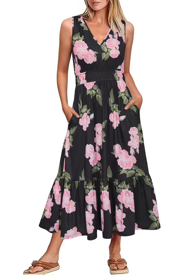 Women’s V-Neck Sleeveless Midi Sundress with Pockets Casual Vacation – Black Floral L