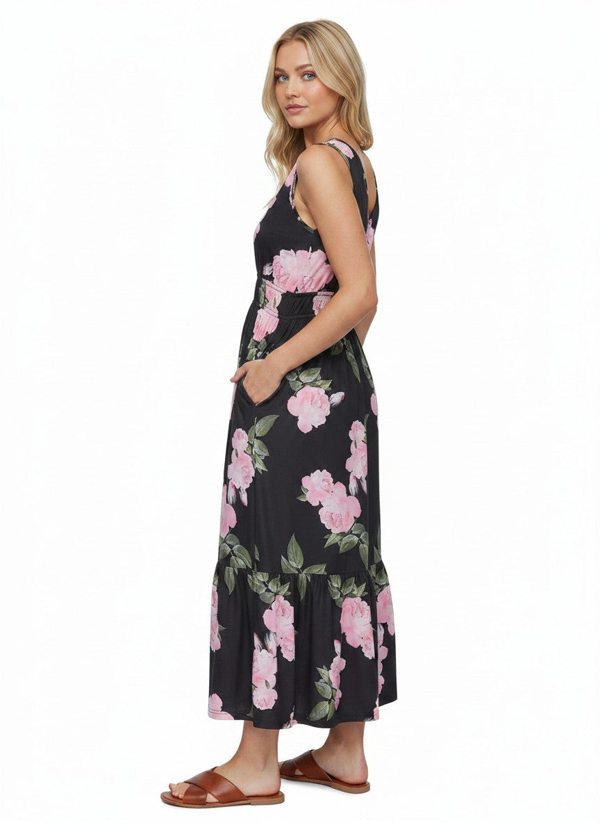 Women’s V-Neck Sleeveless Midi Sundress with Pockets Casual Vacation – Black Floral L