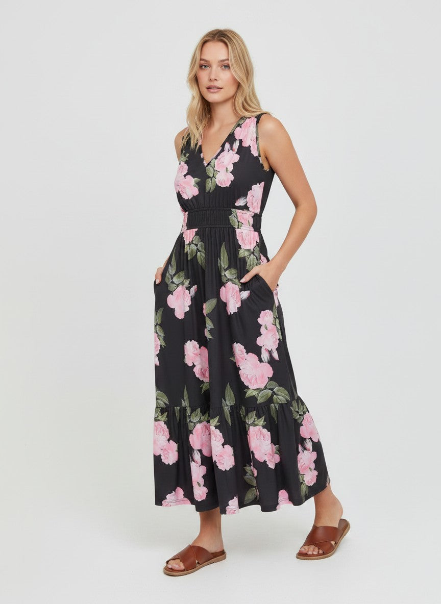 Women’s V-Neck Sleeveless Midi Sundress with Pockets Casual Vacation – Black Floral L