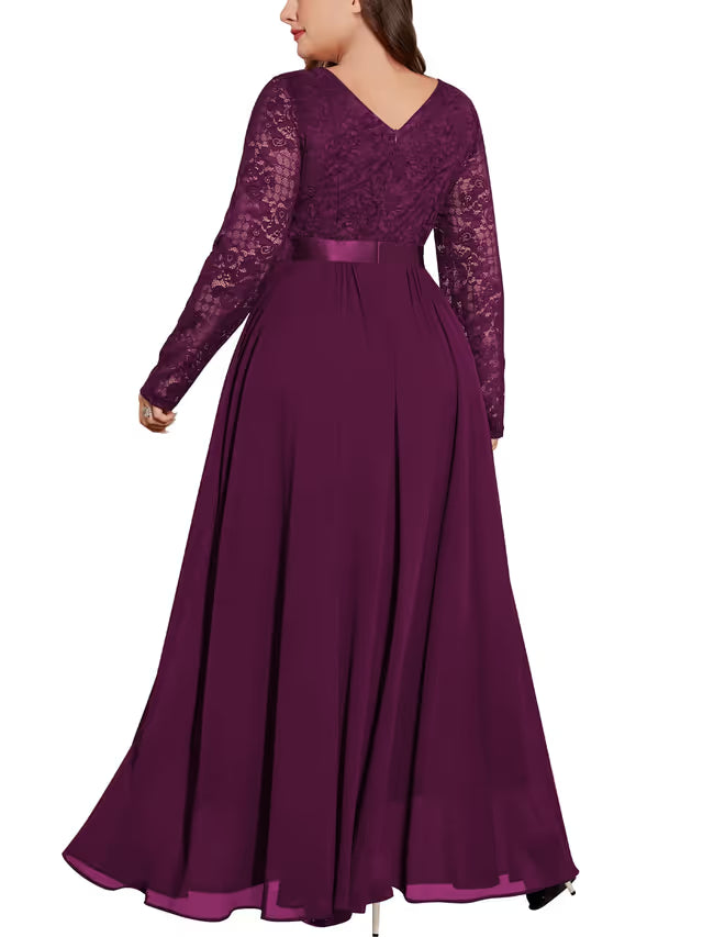 Plus Size Floral Lace Chiffon Maxi Dress Rhinestone Waist – Maroon 2XL