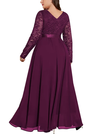 Plus Size Floral Lace Chiffon Maxi Dress Rhinestone Waist – Maroon 2XL