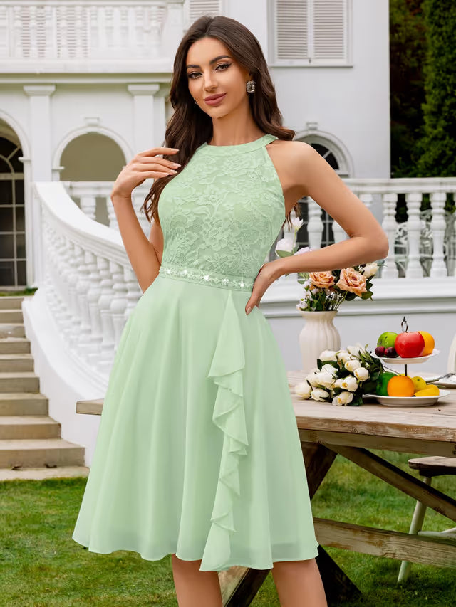 Floral Lace Sequin Halterneck Swing Dress with Belt – Mint Green M