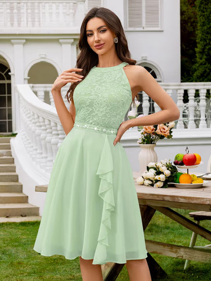 Floral Lace Sequin Halterneck Swing Dress with Belt – Mint Green M