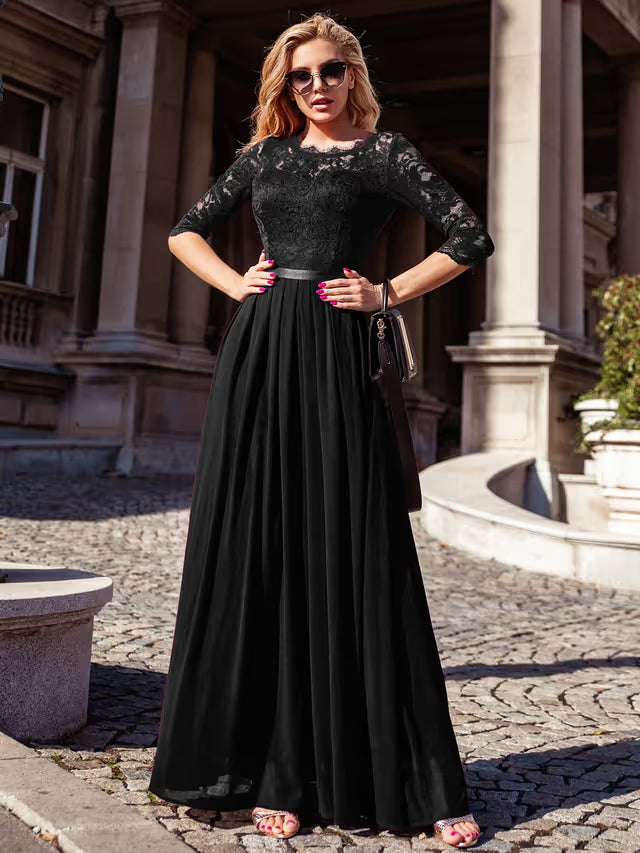 MIUSOL Women's Retro Floral Lace Maxi Dress 3/4 Sleeve Bridesmaid Gown – Black XL