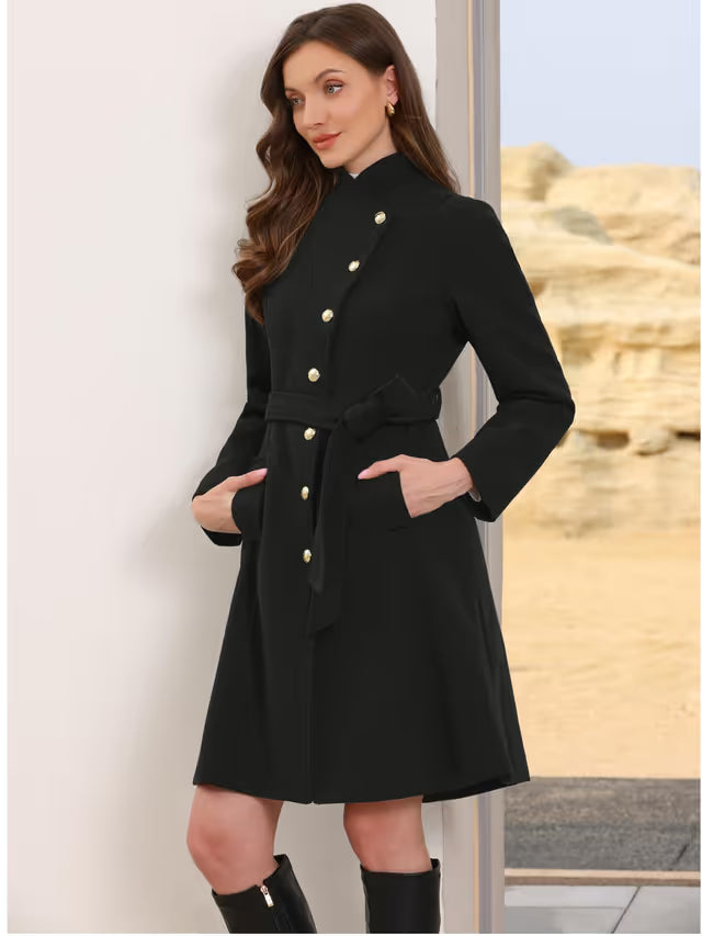 Women's Pea Coat Winter Stand Collar Button Down Outerwear with Belt – Black XL