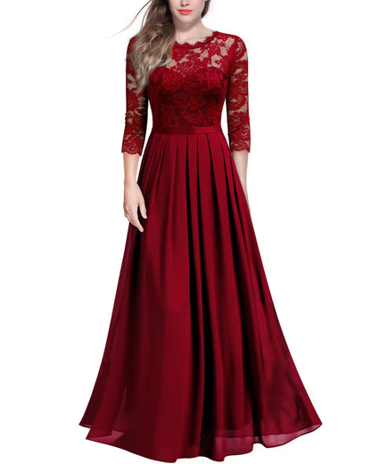 Retro Floral Lace 3/4 Sleeve Bridesmaid Maxi Dress – Red XX‑Large