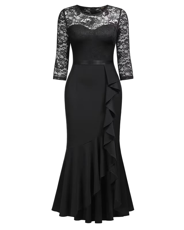 Missmay Bridesmaid Long Dress Women's Size Small Black 3/4 Sleeve Lace Ruffle