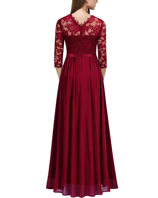 Retro Floral Lace 3/4 Sleeve Bridesmaid Maxi Dress – Red XX‑Large