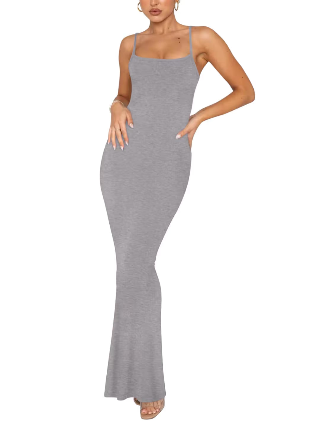 REORIA Elegant Backless Maxi Slip Dress Women’s Small Light Grey Spaghetti Strap