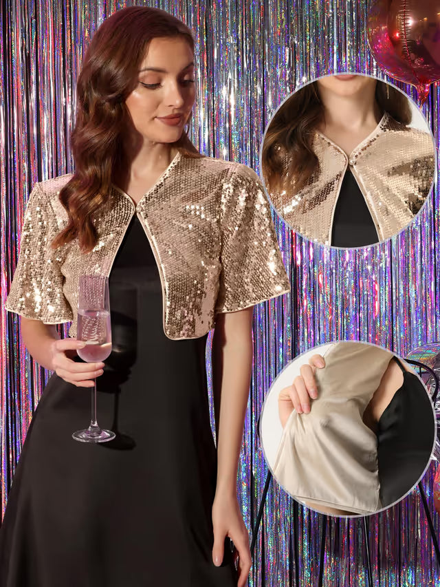 Allegra K Sequin Bolero Crop Jacket Sparkly Glitter Shrug – Rose Gold XL