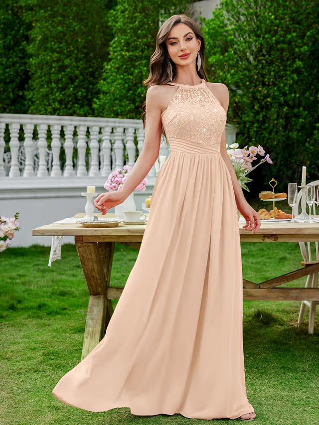 Women’s Halter Neck Maxi Dress Lace & Sequin – Champagne XXL