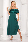 Newshows Off Shoulder Elegant Ruched Swing Dress Women Size Medium Green Zipper