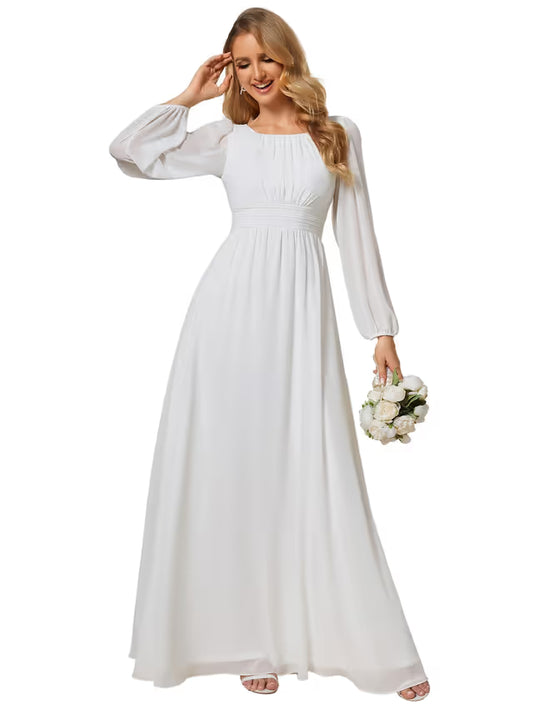 Bridesmaid Dress Women A-Line Chiffon Round Neck – White 10