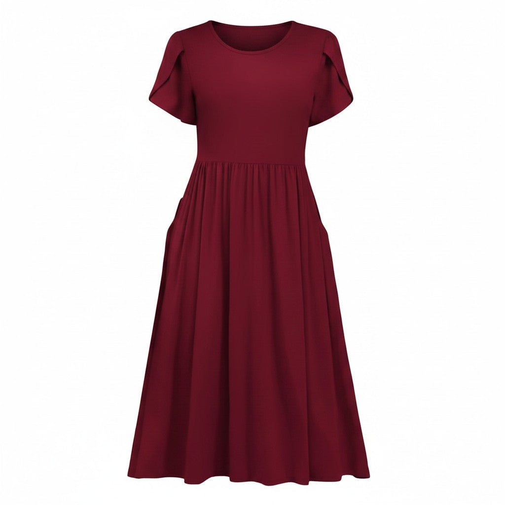 Women’s A-Line Midi Dress Short Sleeve with Pocket – Burgundy L