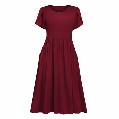 Women’s A-Line Midi Dress Short Sleeve with Pocket – Burgundy L