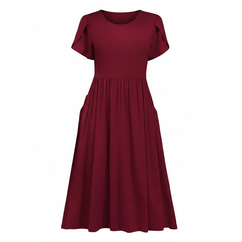 Women’s A-Line Midi Dress Short Sleeve with Pocket – Burgundy L