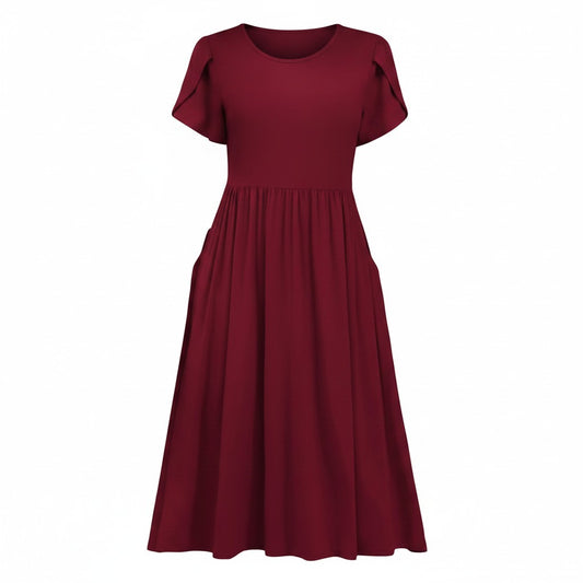 Women’s A-Line Midi Dress Short Sleeve with Pocket – Burgundy L