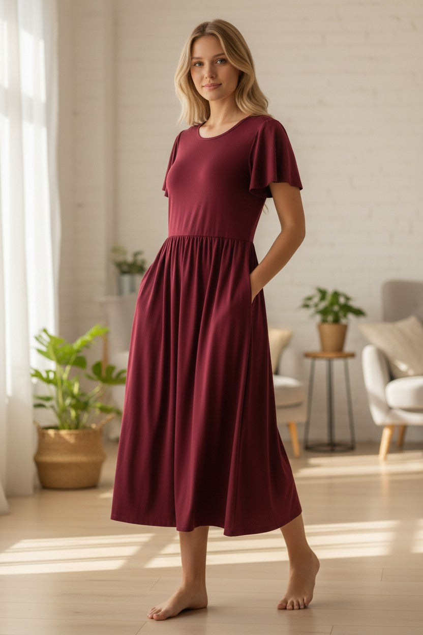 Women’s A-Line Midi Dress Short Sleeve with Pocket – Burgundy L