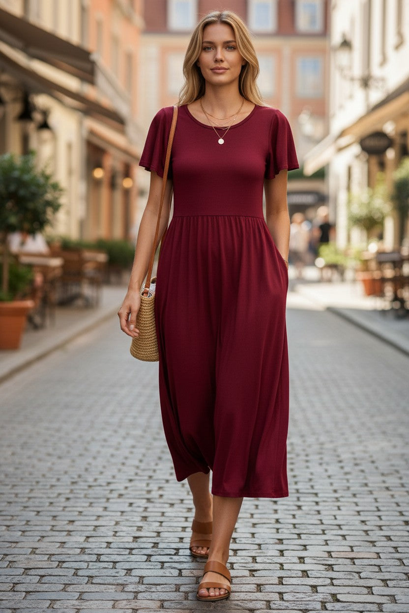 Women’s A-Line Midi Dress Short Sleeve with Pocket – Burgundy L