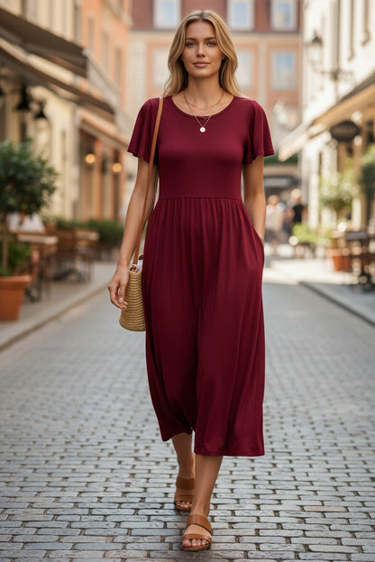 Women’s A-Line Midi Dress Short Sleeve with Pocket – Burgundy L