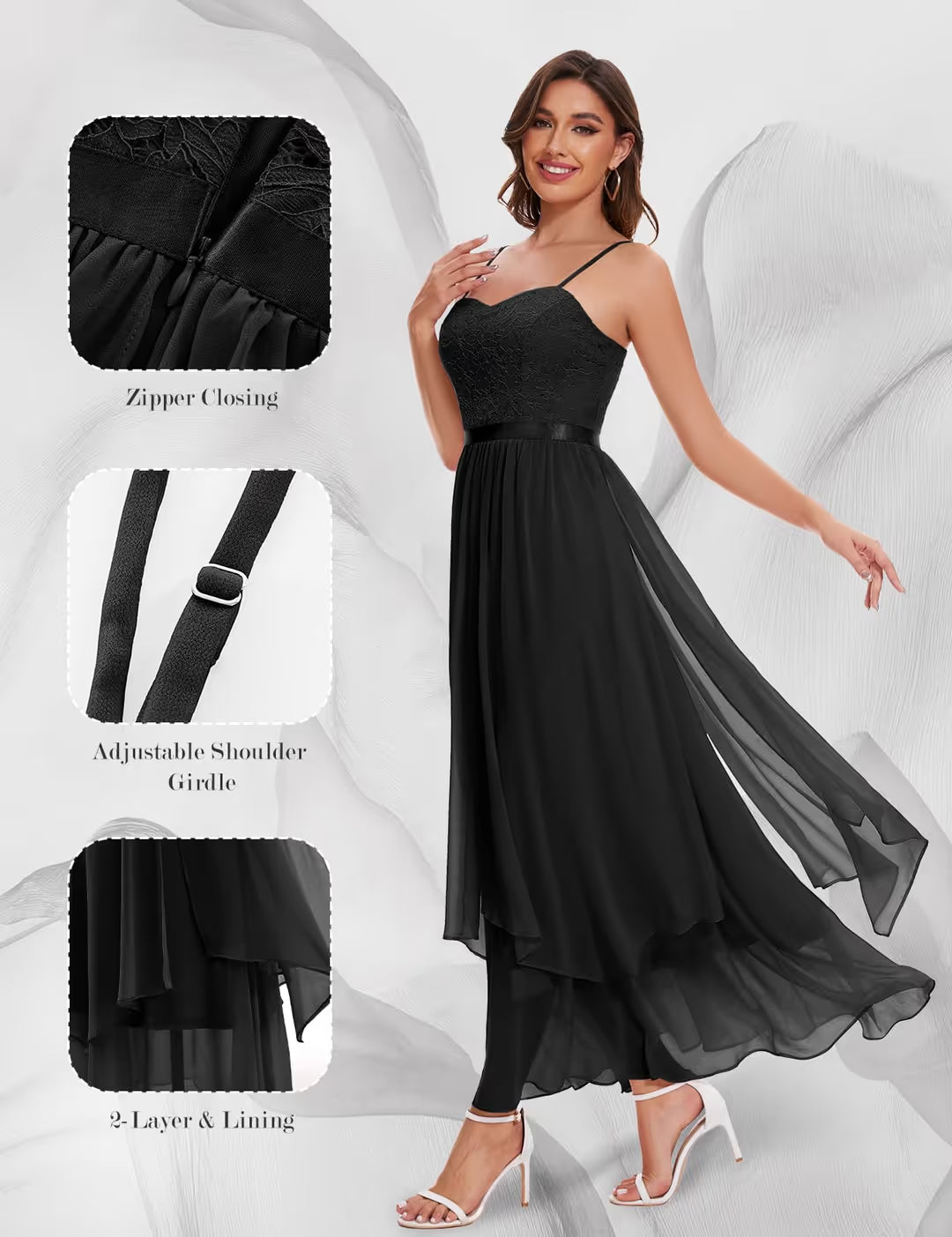 HomRain V Neck Bridesmaid Dress Women's Size XL Black Lace Spaghetti Strap