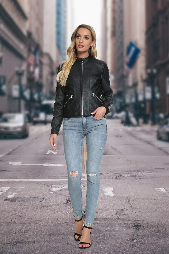 Women’s Faux Leather Moto Jacket Zip-Up Fitted Slim Coat