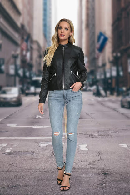 Women’s Faux Leather Moto Jacket Zip-Up Fitted Slim Coat