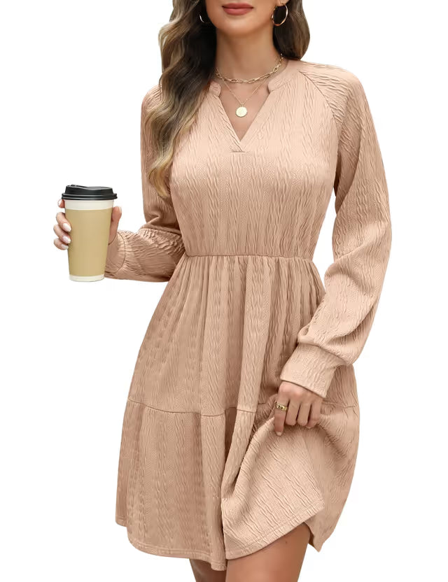 Women's V-Neck Jumper Dress Long Sleeve Elastic Waist Midi with Pockets – Khaki Small
