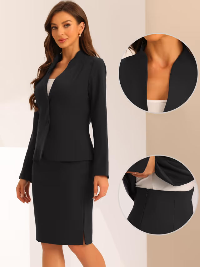 Allegra K 2-Piece Skirt Suit Collarless Blazer Pencil Skirt Office Business – Black L