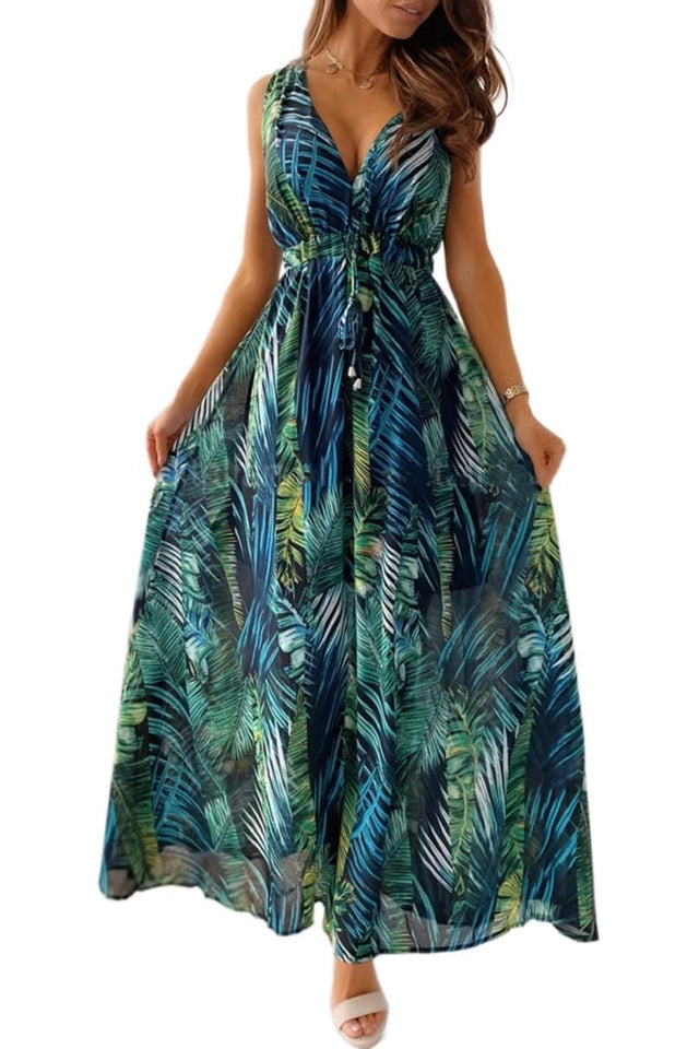 Floral Sleeveless Maxi Dress Women's Size 2XL Multicolor Drawstring Backless