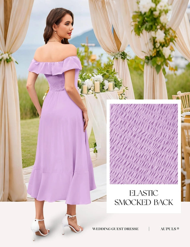 Aupuls Off Shoulder Midi Dress Women's Size Small Lavender Chiffon Ruffle Hem