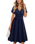 Votepretty Midi Wrap Dress Women Size Small Navy Short Sleeves V-Neck w/ Pockets