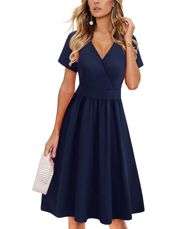 Votepretty Midi Wrap Dress Women Size Small Navy Short Sleeves V-Neck w/ Pockets