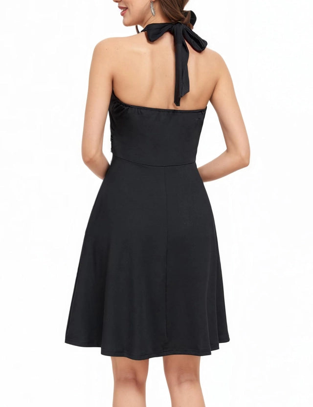 Evening Mini Dress Women's Size XL Black Sleeveless Halter Neck Backless Ruched