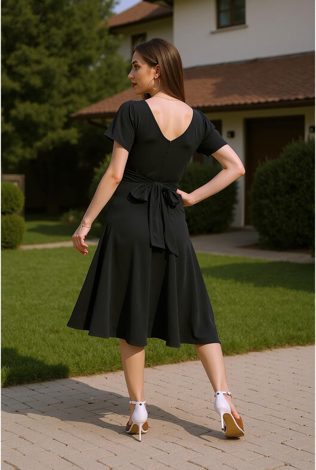 Midi Wrap Dress Women's Size X-Large Black Surplice Neckline Short Sleeves