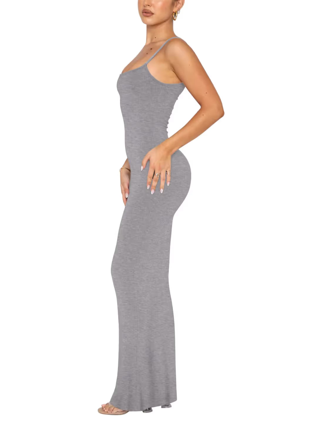 REORIA Elegant Backless Maxi Slip Dress Women’s Small Light Grey Spaghetti Strap