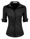 HOTOUCH Black Shirts for Women UK 3/4 Sleeve Top Plain Fitted Blouse Ladies Blouses Cotton Office Shirt Short Sleeve Tops Black M