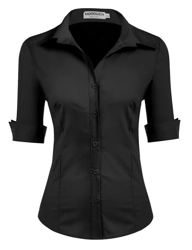 HOTOUCH Black Shirts for Women UK 3/4 Sleeve Top Plain Fitted Blouse Ladies Blouses Cotton Office Shirt Short Sleeve Tops Black M