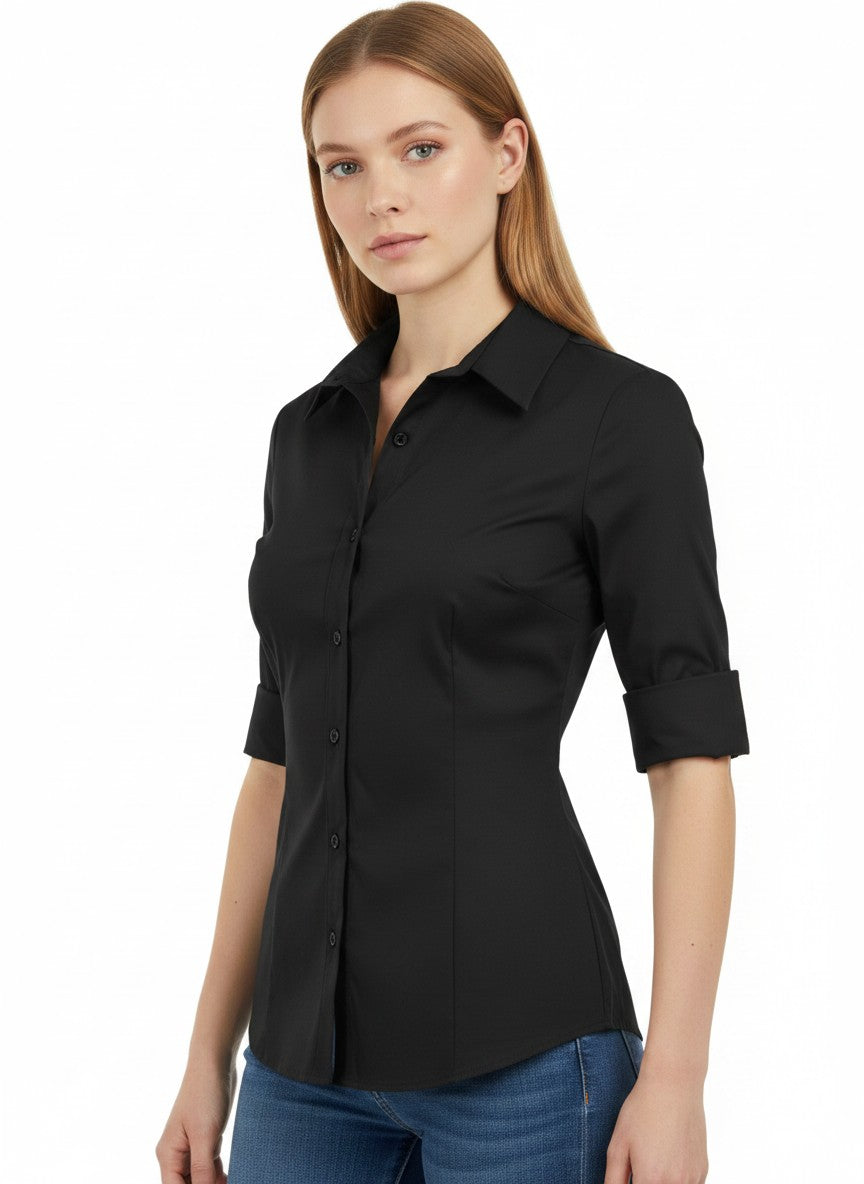 HOTOUCH Black Shirts for Women UK 3/4 Sleeve Top Plain Fitted Blouse Ladies Blouses Cotton Office Shirt Short Sleeve Tops Black M