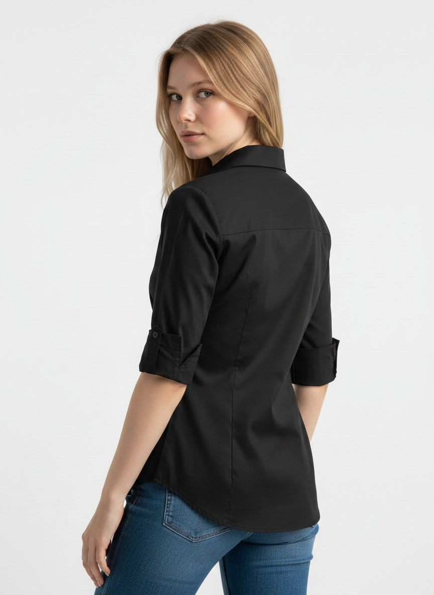 HOTOUCH Black Shirts for Women UK 3/4 Sleeve Top Plain Fitted Blouse Ladies Blouses Cotton Office Shirt Short Sleeve Tops Black M